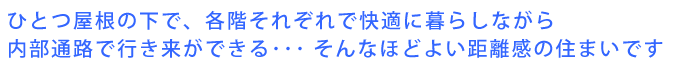 ひとつ屋根の下で、各階それぞれで快適に暮らしながら内部通路で行き来ができる･･･ そんなほどよい距離感の住まいです